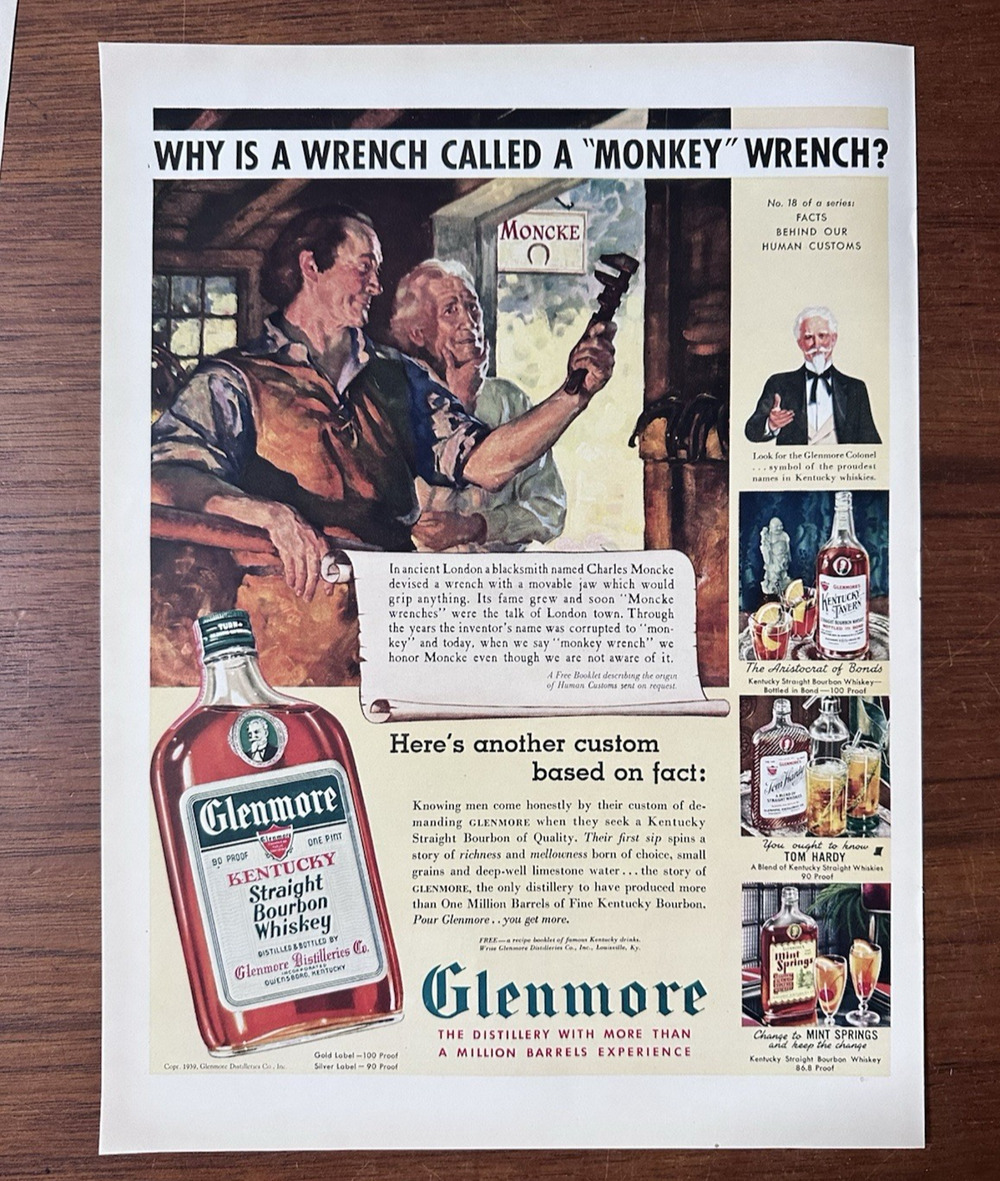 Print Ad 1939 Glenmore Kentucky Straight Whiskey Monkey Wrench
